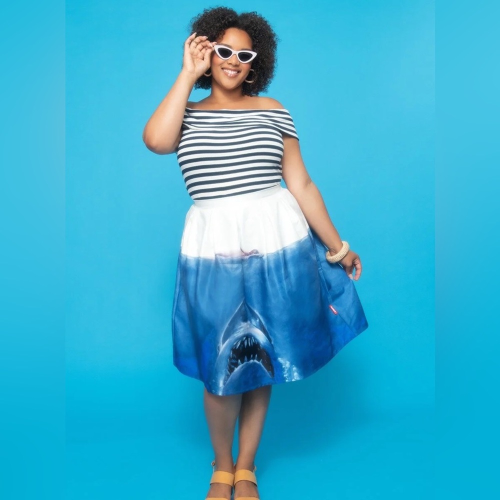 Unique Vintage Blue and White Jaws Shark A-Line Skirt